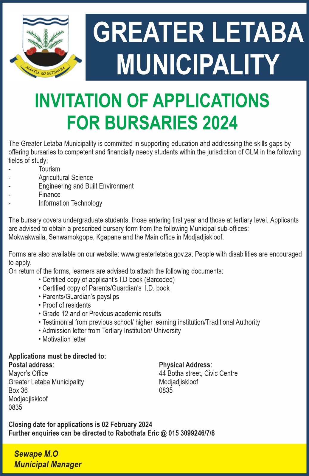 GREATER LETABA MUNICIPALITY INVITES APPLICATIONS FOR BURSARIES 2024   Bursaries Ad 