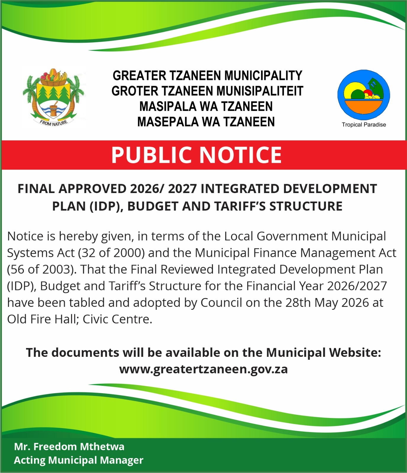 FINAL APPROVED 2026/ 2027 INTEGRATED DEVELOPMENT PLAN (IDP), BUDGET AND ...